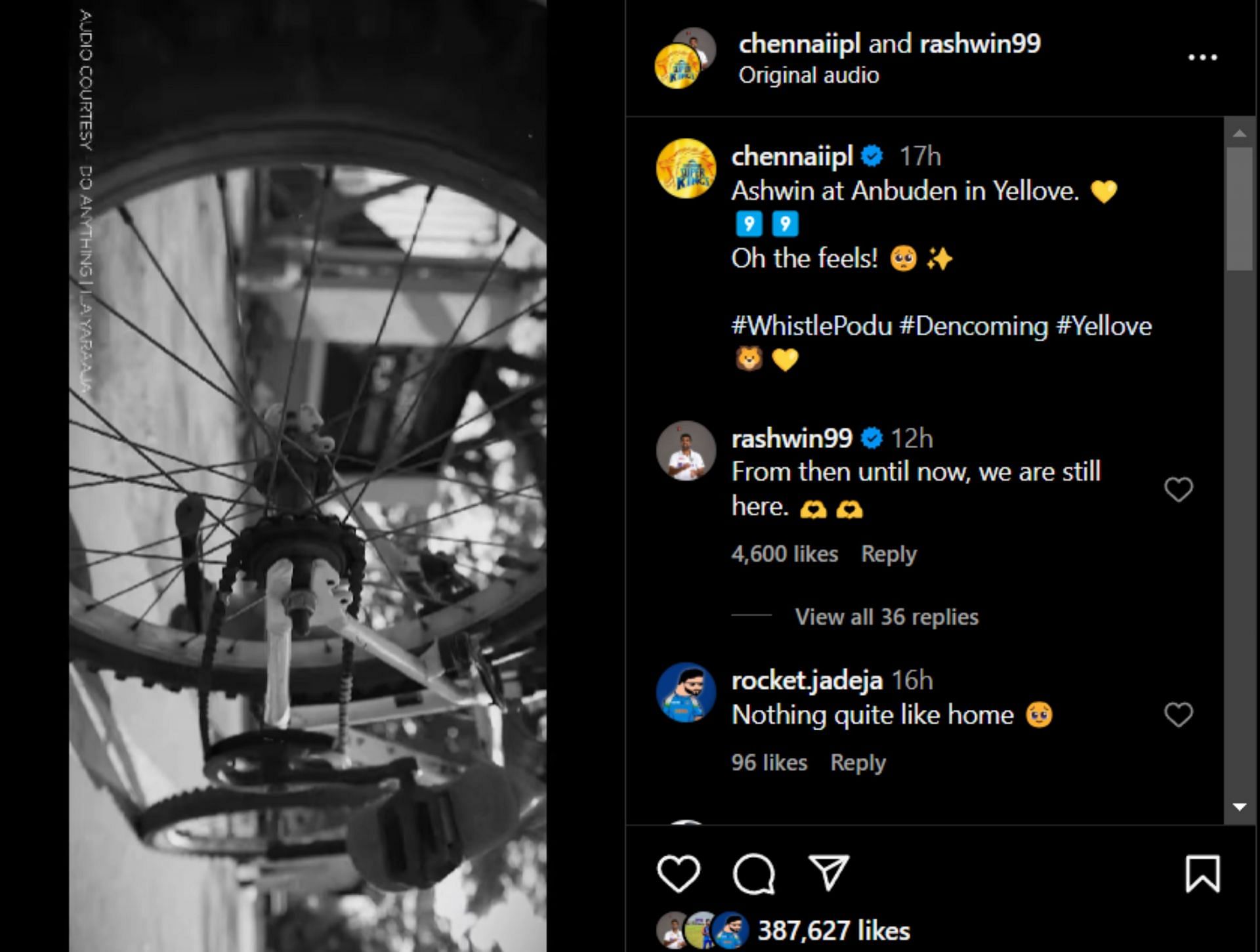 R Ashwin's comment on CSK's welcoming post for him. (Image: CSK/Instagram)